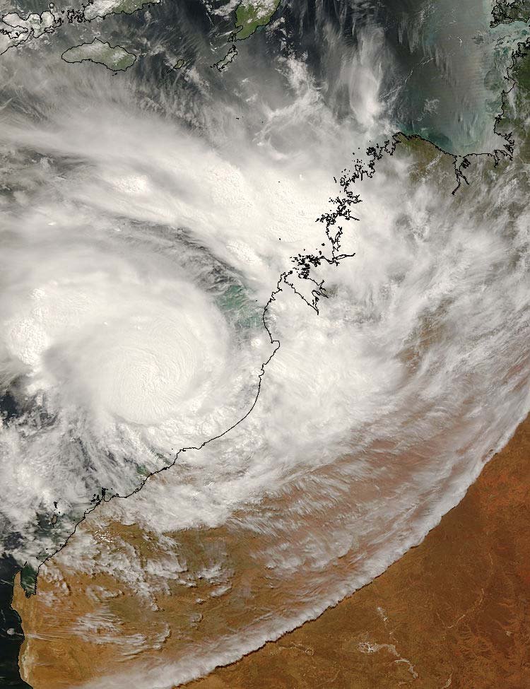 NASA satellite imagery of Cyclone George at 10:55 AM on 8 March 2007, showing the clear eye of the Category 5 storm as it approached landfall south of Port Hedland.